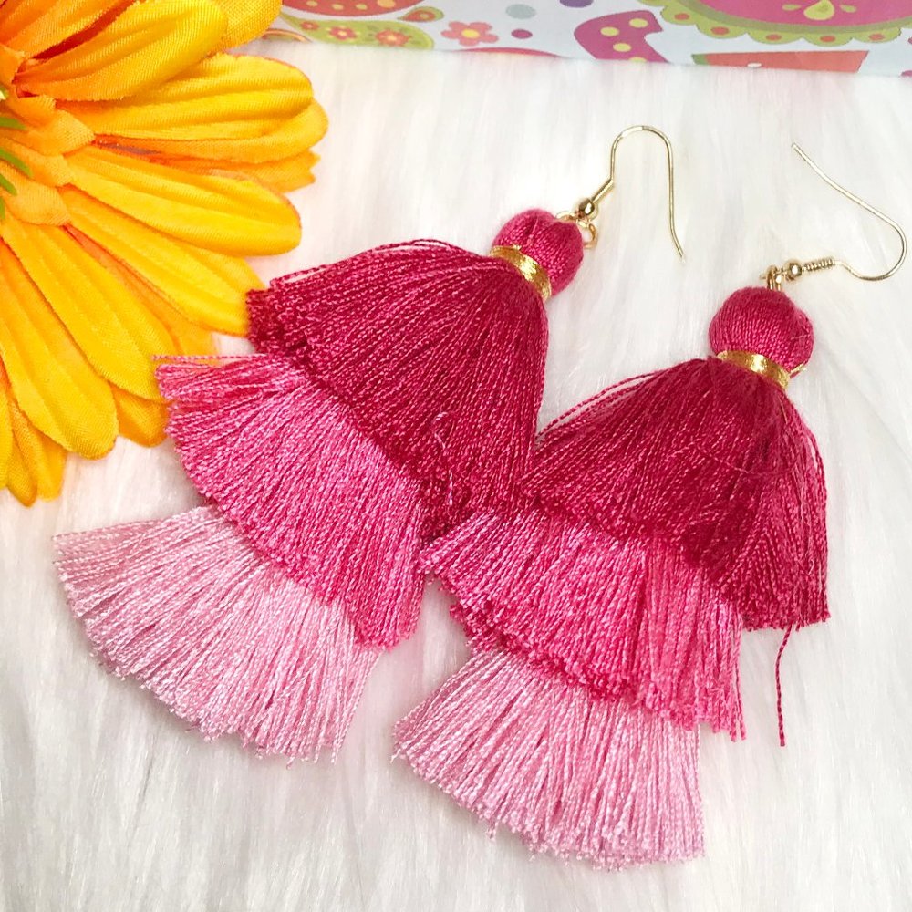 NEW Boho Earrings Tassel Fringe Dangles Pink Multi